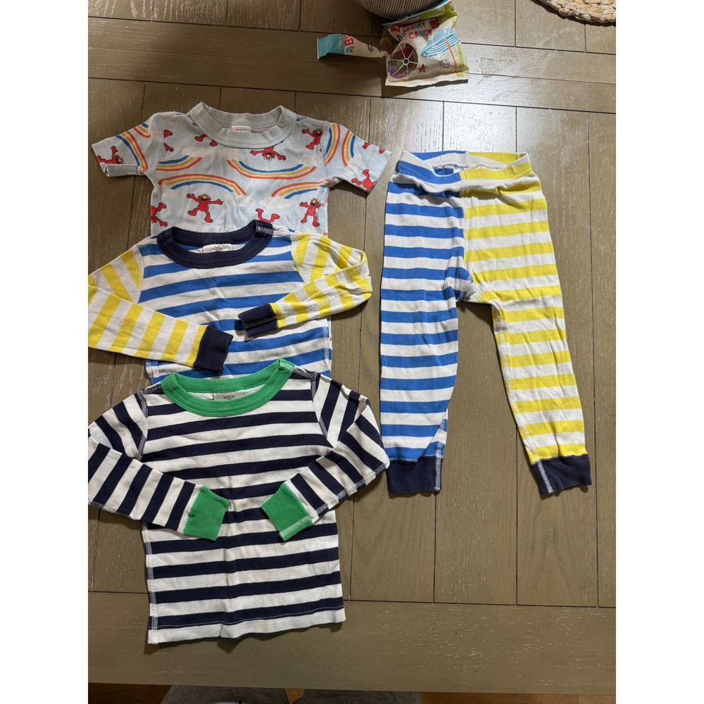 Hanna Andersson Pajamas Kids US 3 Blue Yellow Striped Elmo Sesame Street 4pc Set